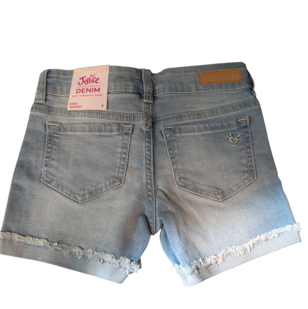 Nwt Justice Midi Denim Short Light Wash Frayed Soft Stretchy Comfy Girl Kids 7 - Picture 2 of 6